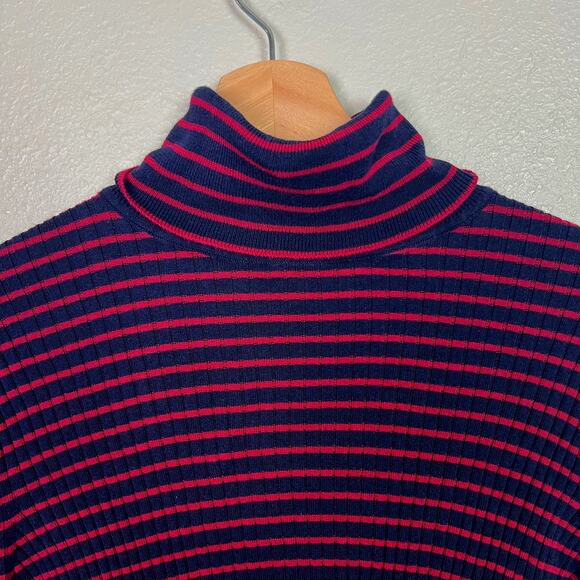 Talbots Women's Size XL Navy and Red Striped Ribbed Knit Long Sleeve Turtleneck - Picture 2 of 6
